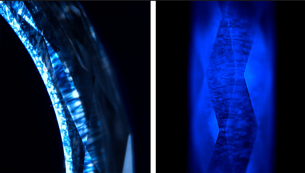 Strong birefringence observed under cross-polarized light (left) and blue fluorescence observed in the DiamondView (right). Images by Paul Johnson (left) and Madelyn Dragone (right).